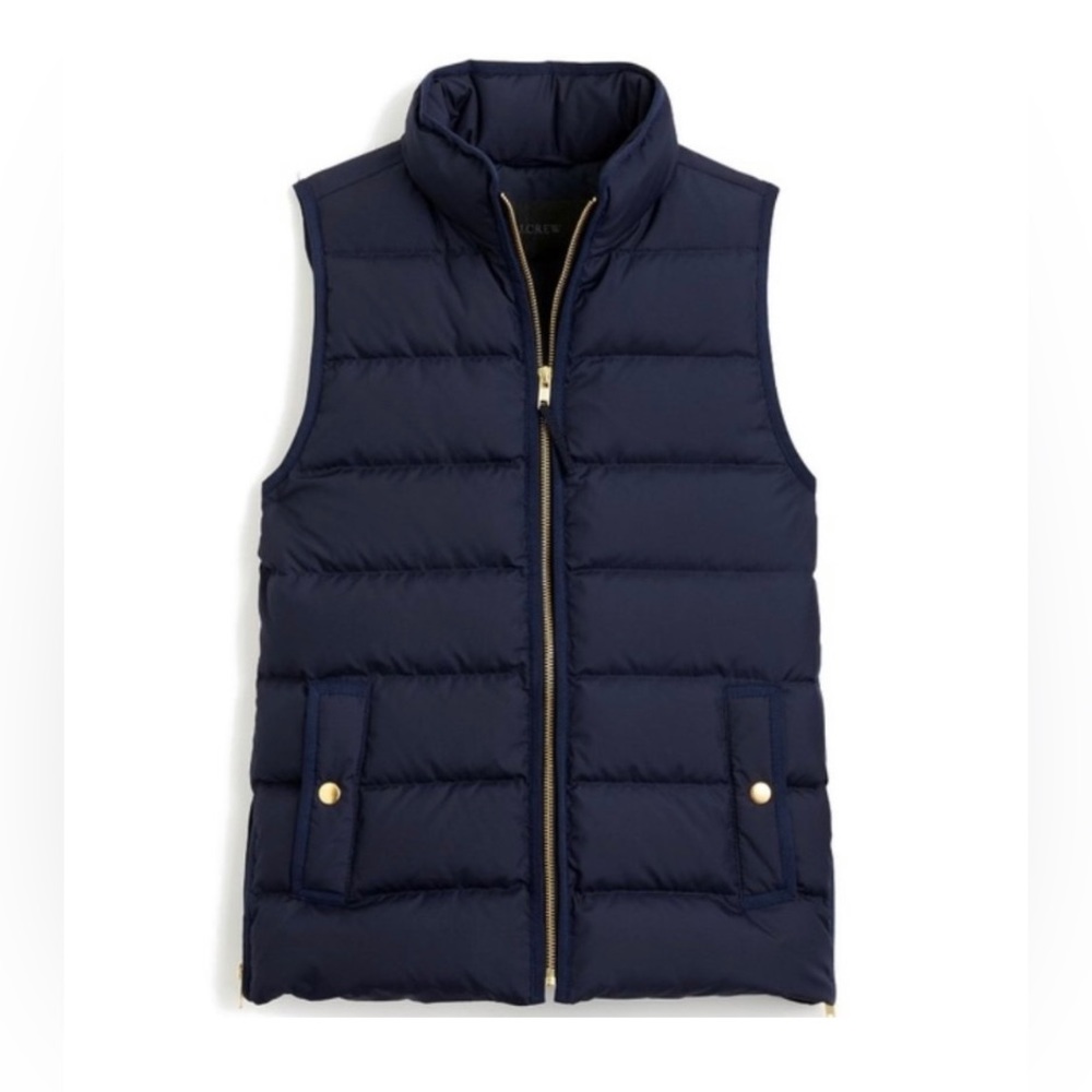 J. Crew NWT 🍁 Navy Blue Puffer Vest Gold Hardware + Side Zippers Black Label XS
